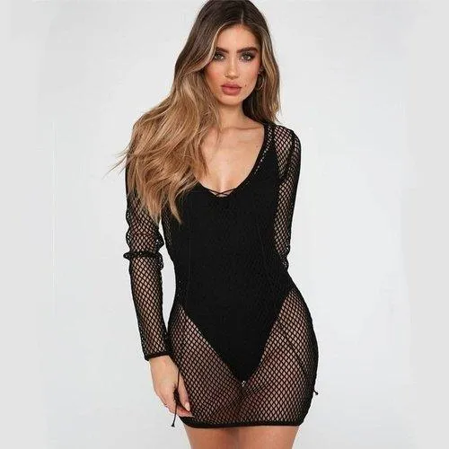 Long Sleeve Knitted Beach Swimsuit Tunic Coverup