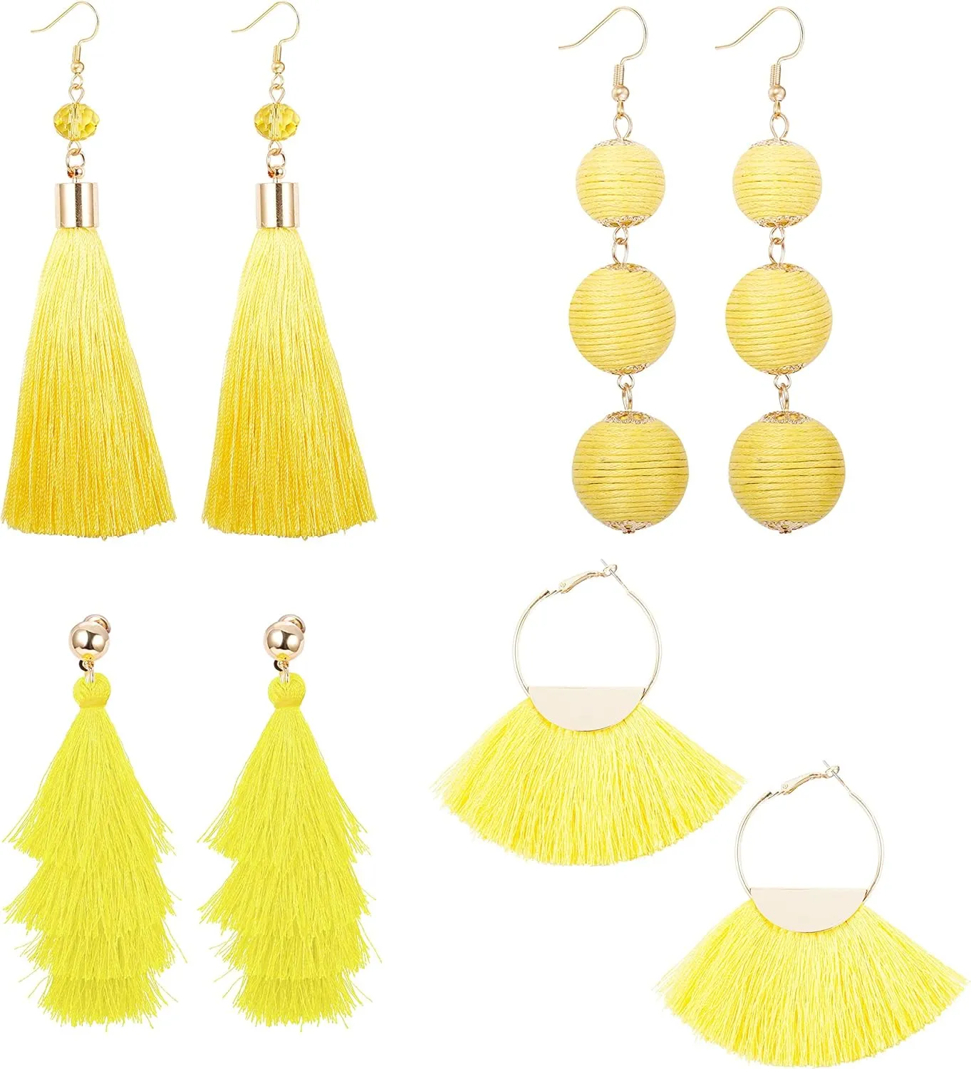 LOYALLOOK 4Pairs Tassel Earrings For Women Fan Shape Tassel Earrings Long Thread Tassel Earrings Bohemian Fringe Drop Handmade Earrings