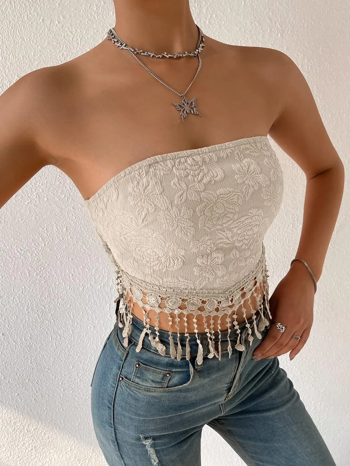 MakeMeChic Women's Boho Crop Tube Top Floral Tie Back Cute Bandana Tops