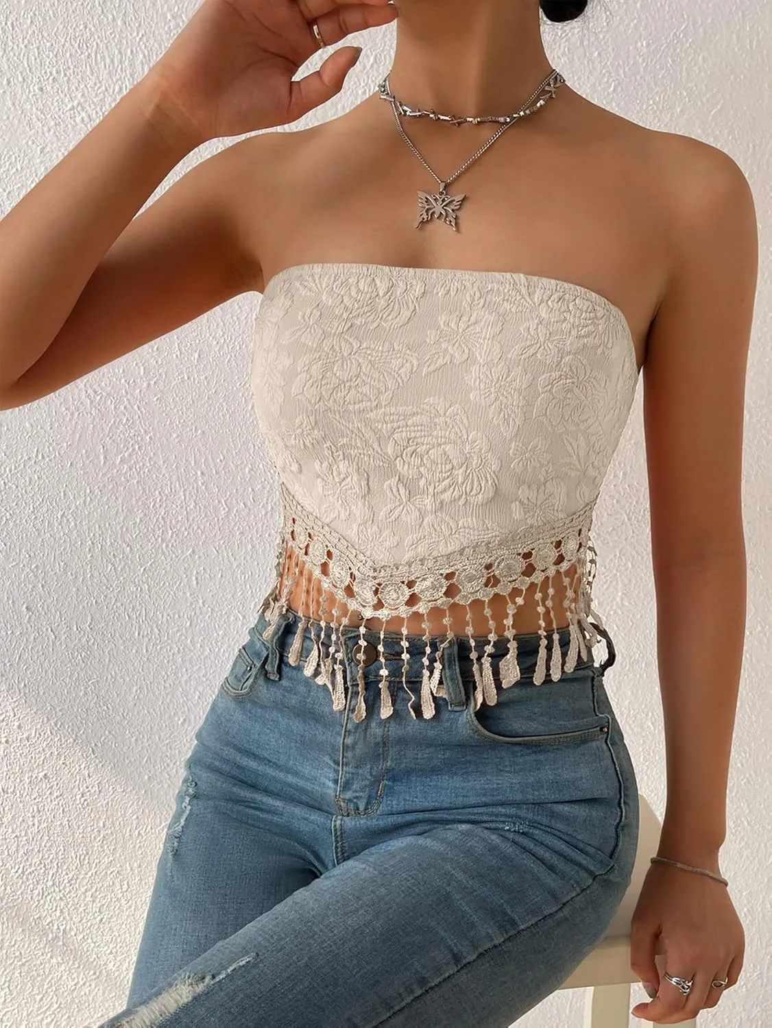 MakeMeChic Women's Boho Crop Tube Top Floral Tie Back Cute Bandana Tops