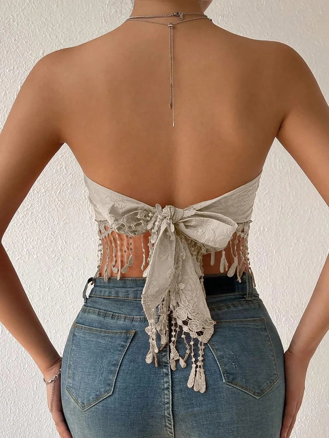 MakeMeChic Women's Boho Crop Tube Top Floral Tie Back Cute Bandana Tops