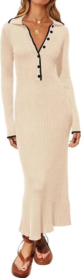 MASCOMODA Women Fall Long Sleeve V Neck Sweater Dress Casual Lapel Button Up Slim Fit Ribbed Knit Long Maxi Dresses