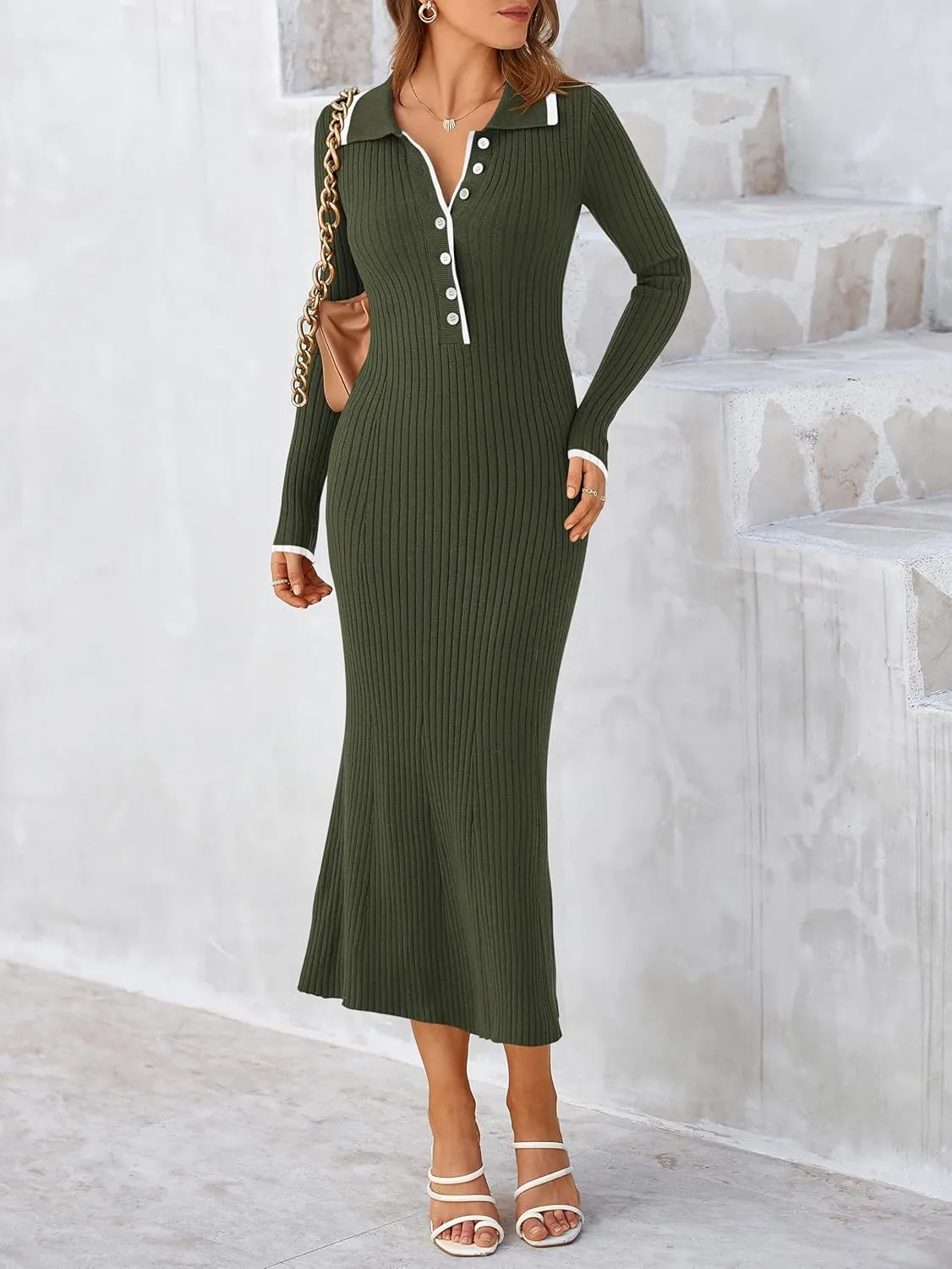 MASCOMODA Women Fall Long Sleeve V Neck Sweater Dress Casual Lapel Button Up Slim Fit Ribbed Knit Long Maxi Dresses