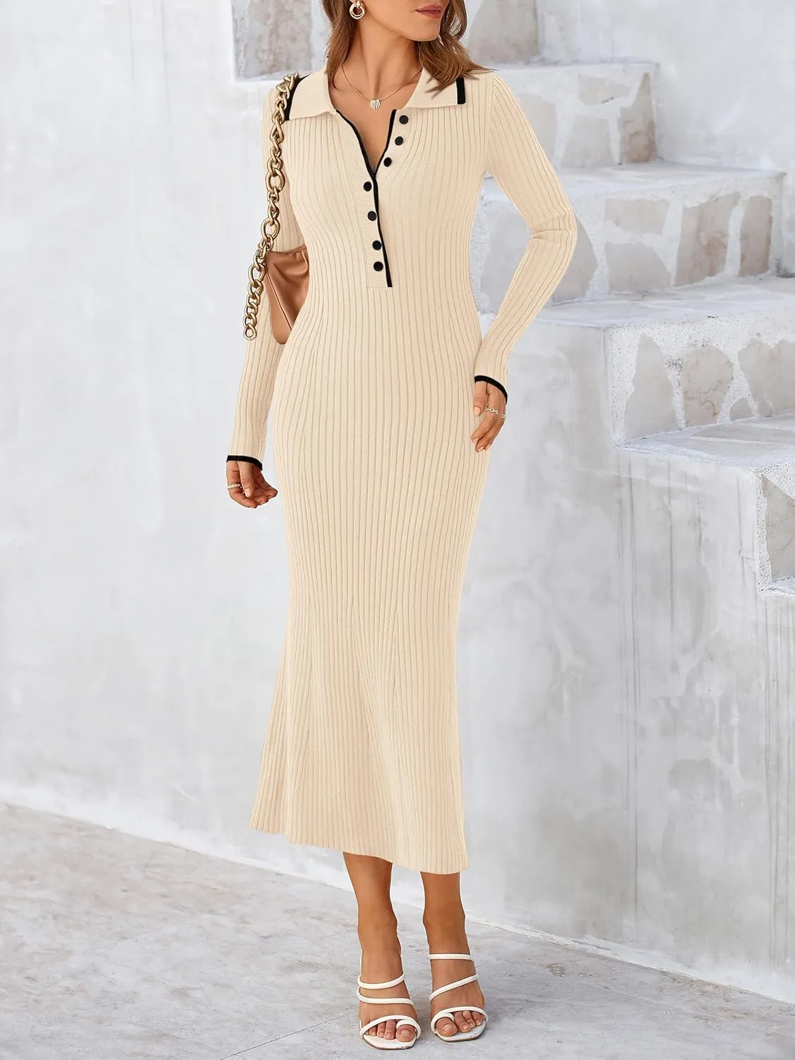 MASCOMODA Women Fall Long Sleeve V Neck Sweater Dress Casual Lapel Button Up Slim Fit Ribbed Knit Long Maxi Dresses