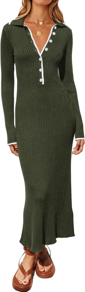 MASCOMODA Women Fall Long Sleeve V Neck Sweater Dress Casual Lapel Button Up Slim Fit Ribbed Knit Long Maxi Dresses