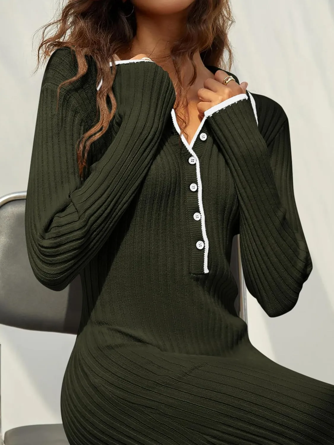 MASCOMODA Women Fall Long Sleeve V Neck Sweater Dress Casual Lapel Button Up Slim Fit Ribbed Knit Long Maxi Dresses