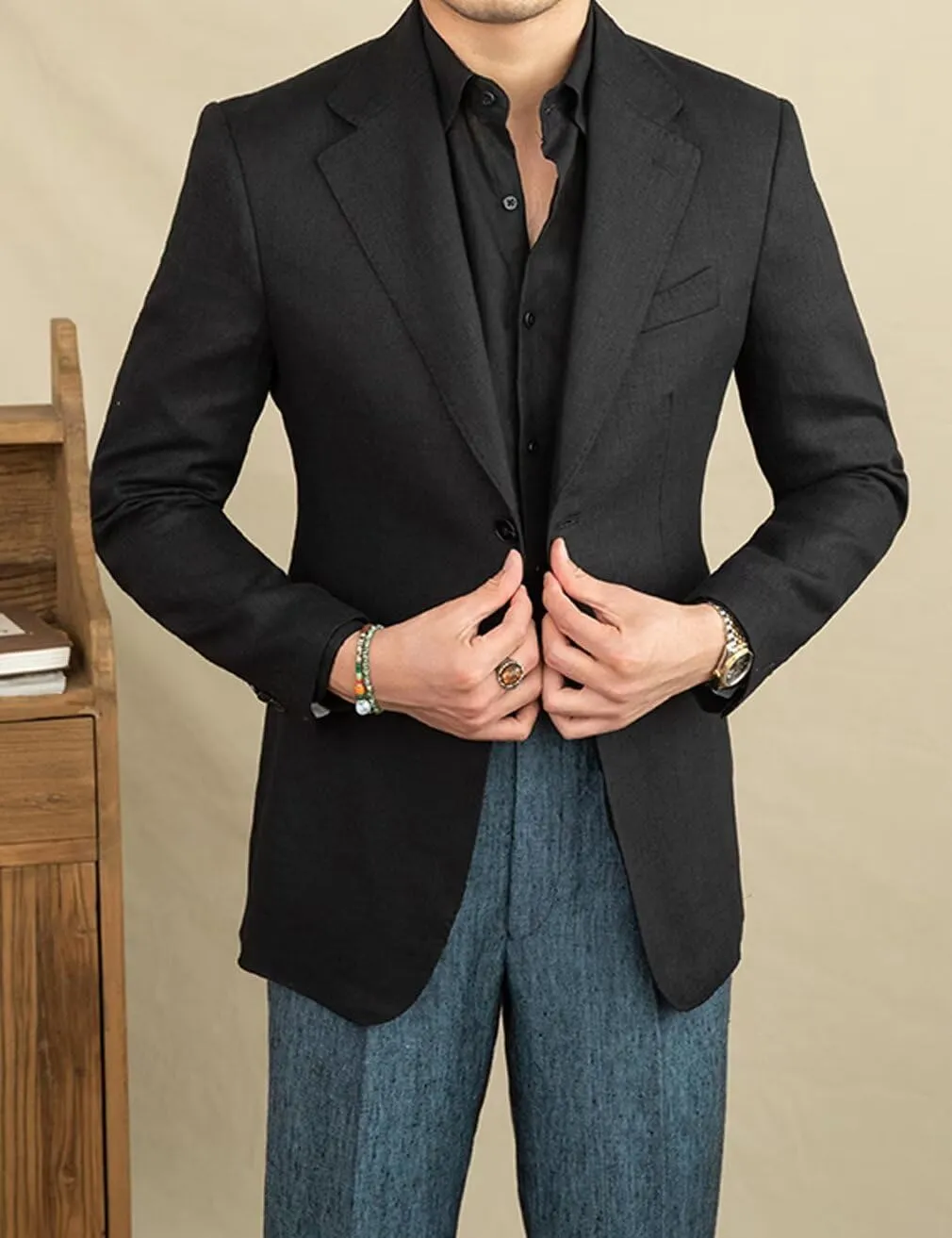 Men's Casual Linen Blazer Jacket Single Breasted Sports Coat Vintage Notched Lapel Wedding Tuxedo