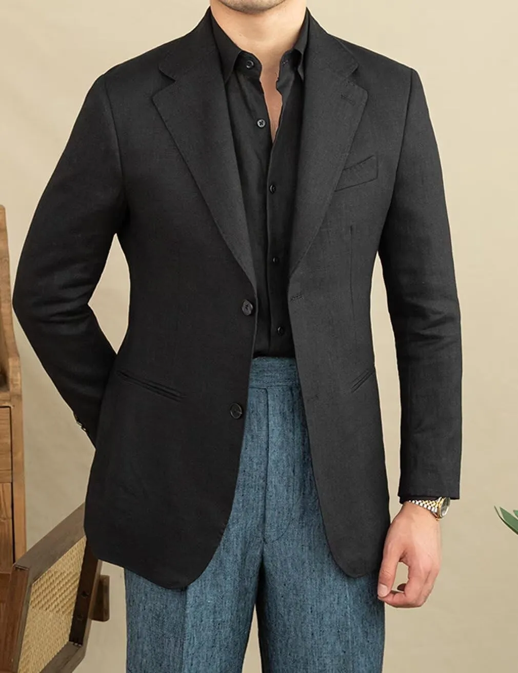 Men's Casual Linen Blazer Jacket Single Breasted Sports Coat Vintage Notched Lapel Wedding Tuxedo