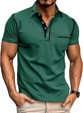 Men's Fashion Polo Shirts Classic Short Sleeve Lightweight Button Cotton T-Shirt Casual Golf Tee Tops with Pocket