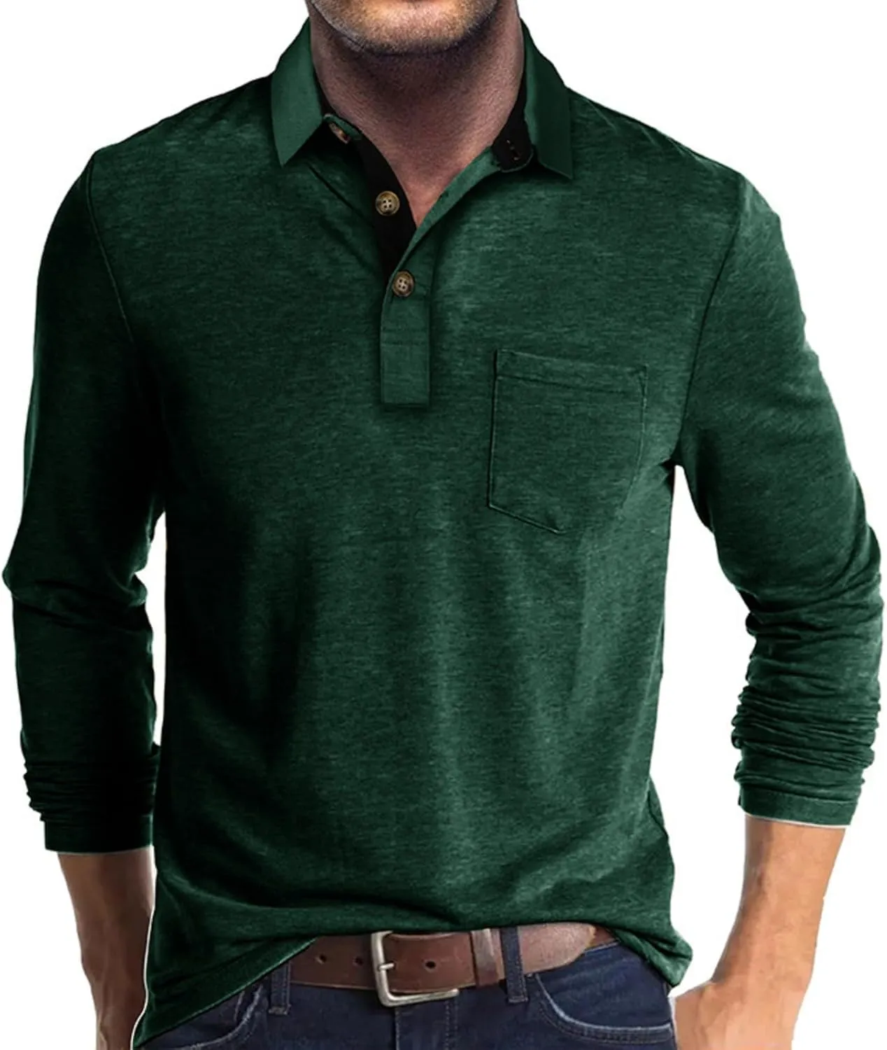 Men's Long Sleeve Polo Shirts Casual Button Classic Work Shirt Cotton Collared Basic Golf Shirt with Pocket