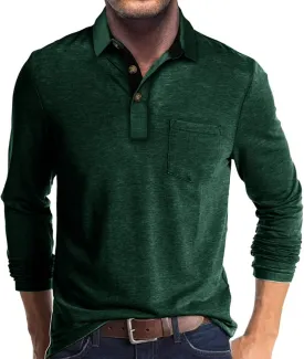 Men's Long Sleeve Polo Shirts Casual Button Classic Work Shirt Cotton Collared Basic Golf Shirt with Pocket