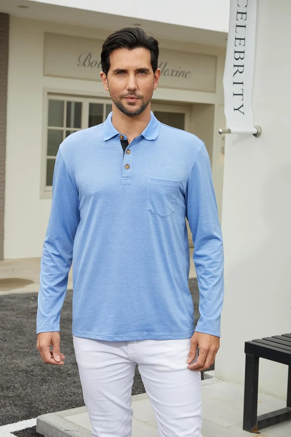 Men's Long Sleeve Polo Shirts Casual Button Classic Work Shirt Cotton Collared Basic Golf Shirt with Pocket
