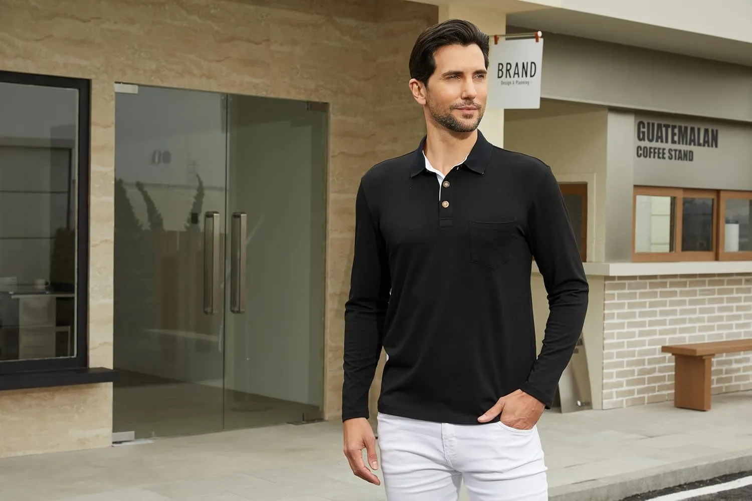 Men's Long Sleeve Polo Shirts Casual Button Classic Work Shirt Cotton Collared Basic Golf Shirt with Pocket