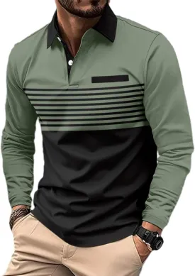 Men's Polo Shirts Long Sleeve Striped Slim Fit Golf Shirt Classic Basic Fashion Tops