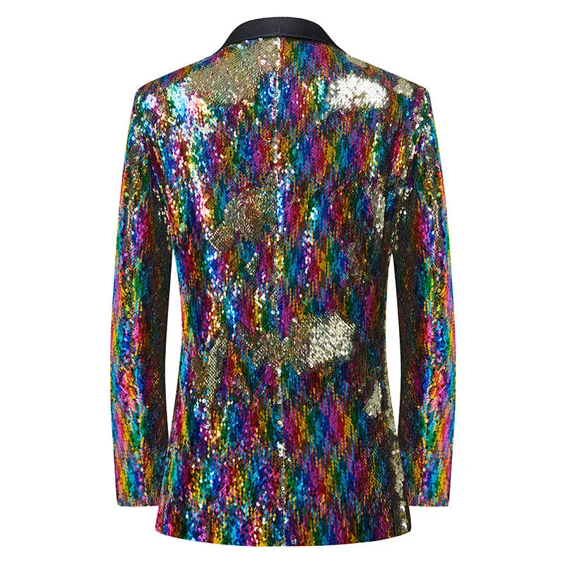 Men's Shawl Lapel Full Sequin Rainbow Tuxedo Jacket