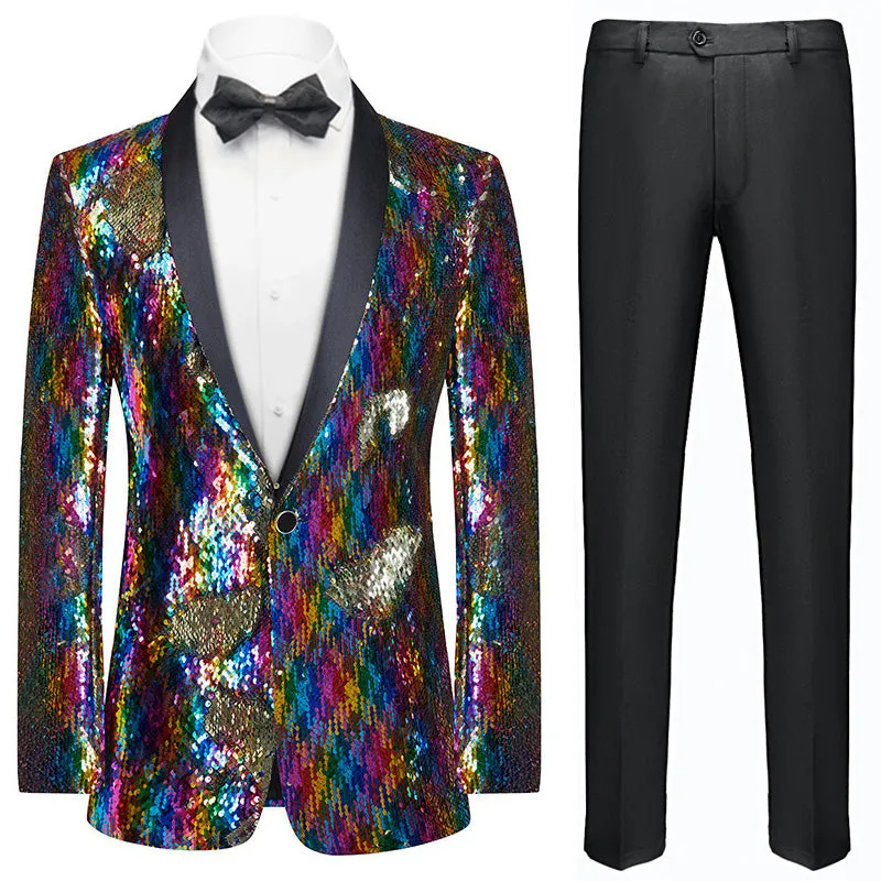 Men's Shawl Lapel Full Sequin Rainbow Tuxedo Jacket