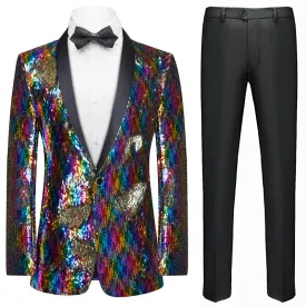 Men's Shawl Lapel Full Sequin Rainbow Tuxedo Jacket