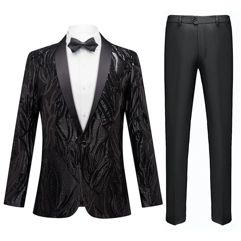 Men's Shawl Lapel Subtile Sequin Embroidery Black Tuxedo