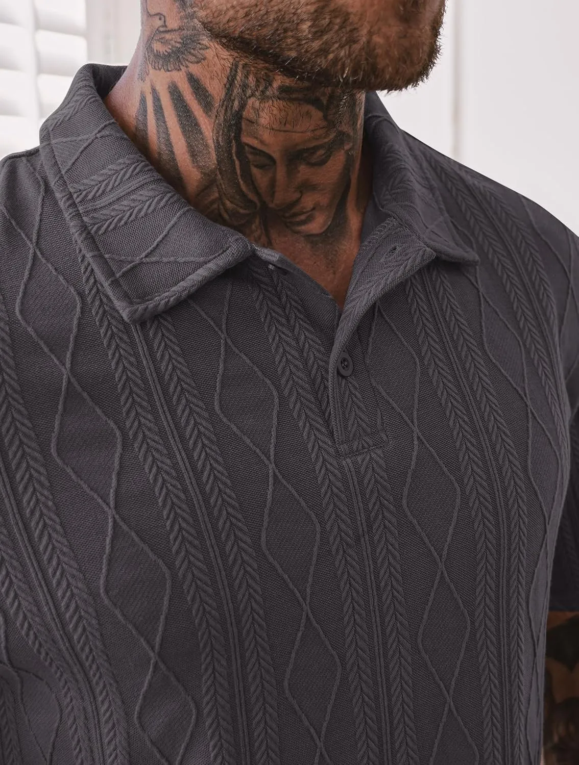 Mens Textured Knit Polo Shirts Loose Fit Stretch Casual Summer Collared Shirt (S-XXL)