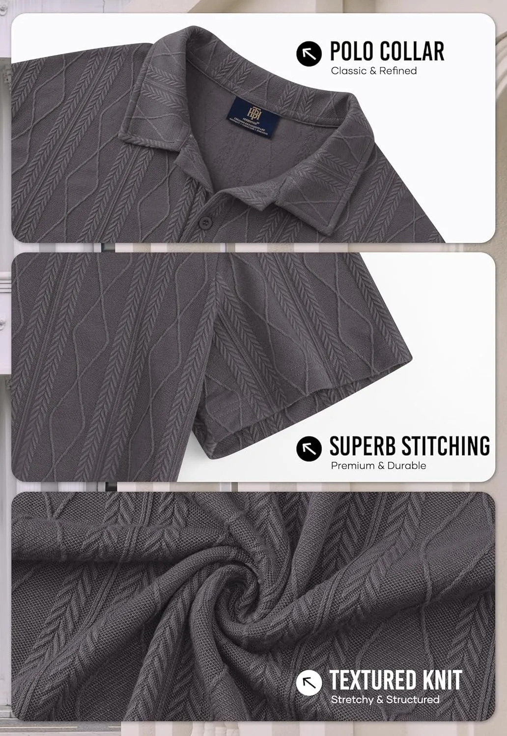 Mens Textured Knit Polo Shirts Loose Fit Stretch Casual Summer Collared Shirt (S-XXL)