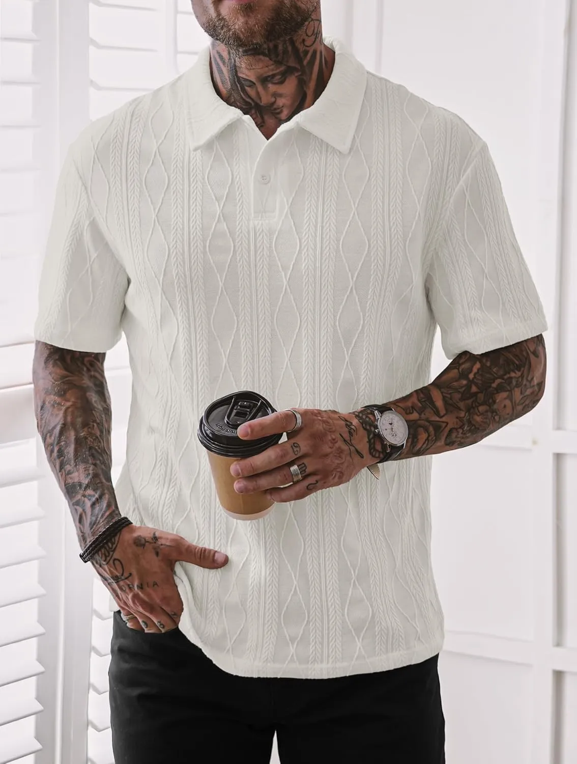Mens Textured Knit Polo Shirts Loose Fit Stretch Casual Summer Collared Shirt (S-XXL)
