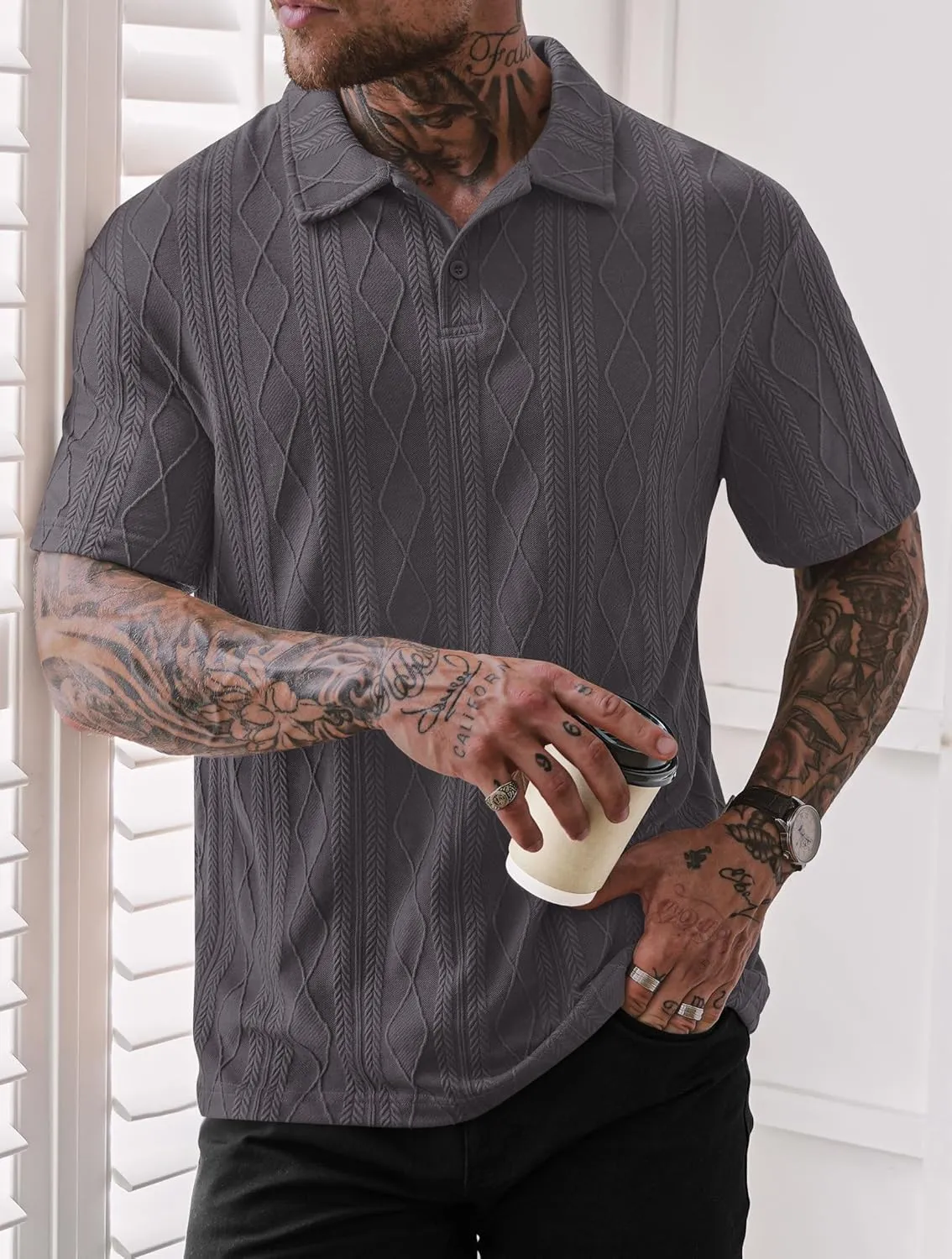 Mens Textured Knit Polo Shirts Loose Fit Stretch Casual Summer Collared Shirt (S-XXL)
