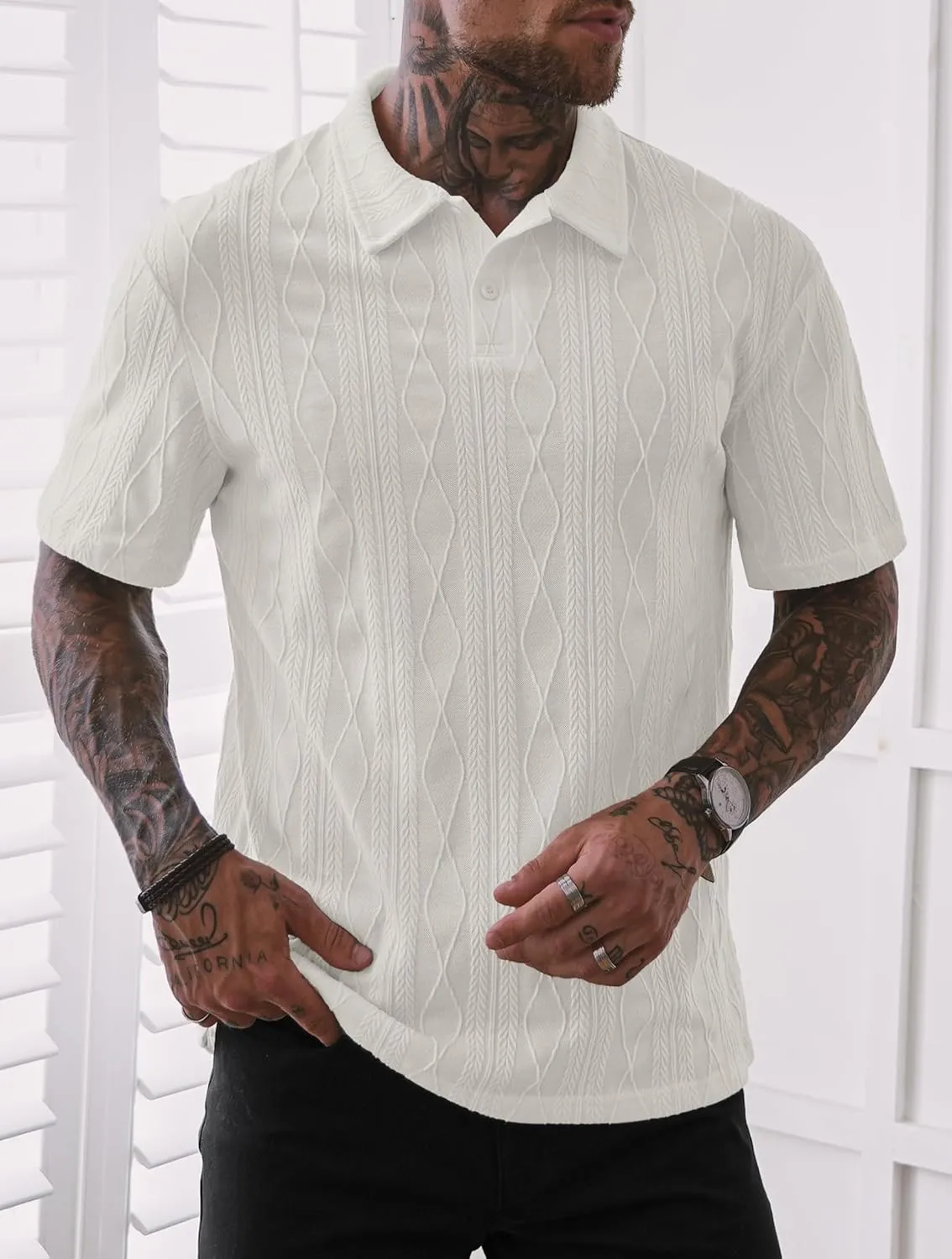 Mens Textured Knit Polo Shirts Loose Fit Stretch Casual Summer Collared Shirt (S-XXL)