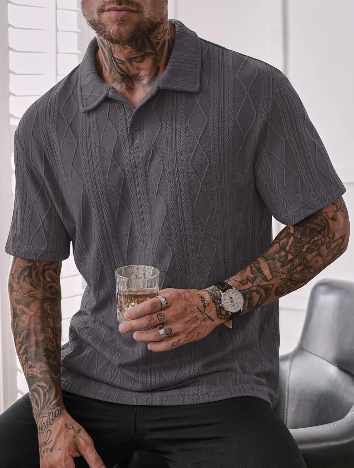 Mens Textured Knit Polo Shirts Loose Fit Stretch Casual Summer Collared Shirt (S-XXL)
