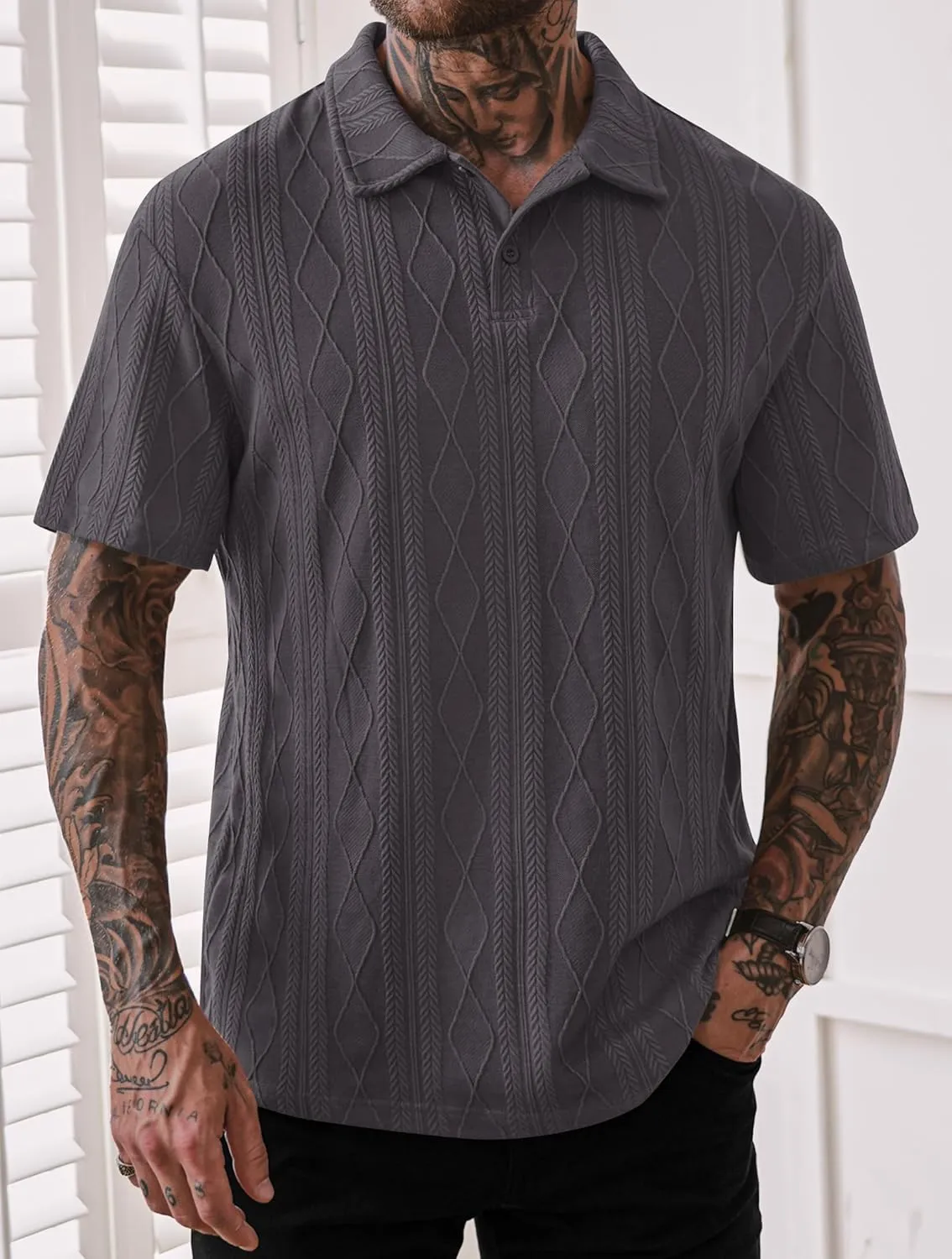 Mens Textured Knit Polo Shirts Loose Fit Stretch Casual Summer Collared Shirt (S-XXL)