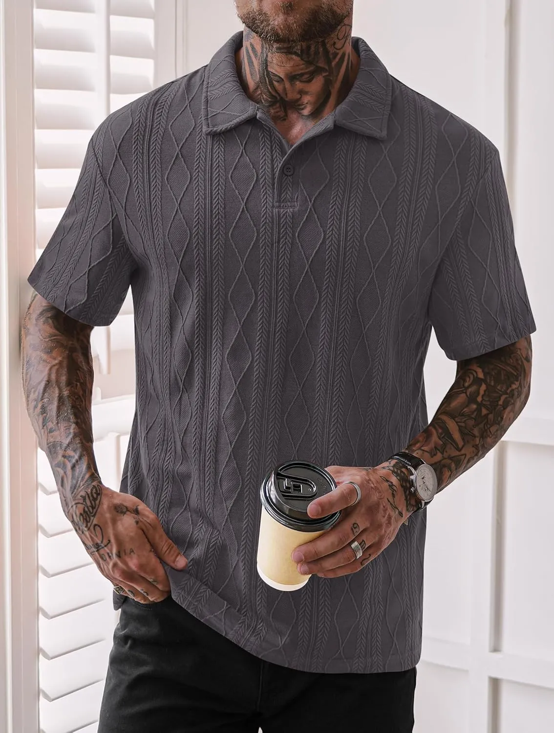 Mens Textured Knit Polo Shirts Loose Fit Stretch Casual Summer Collared Shirt (S-XXL)