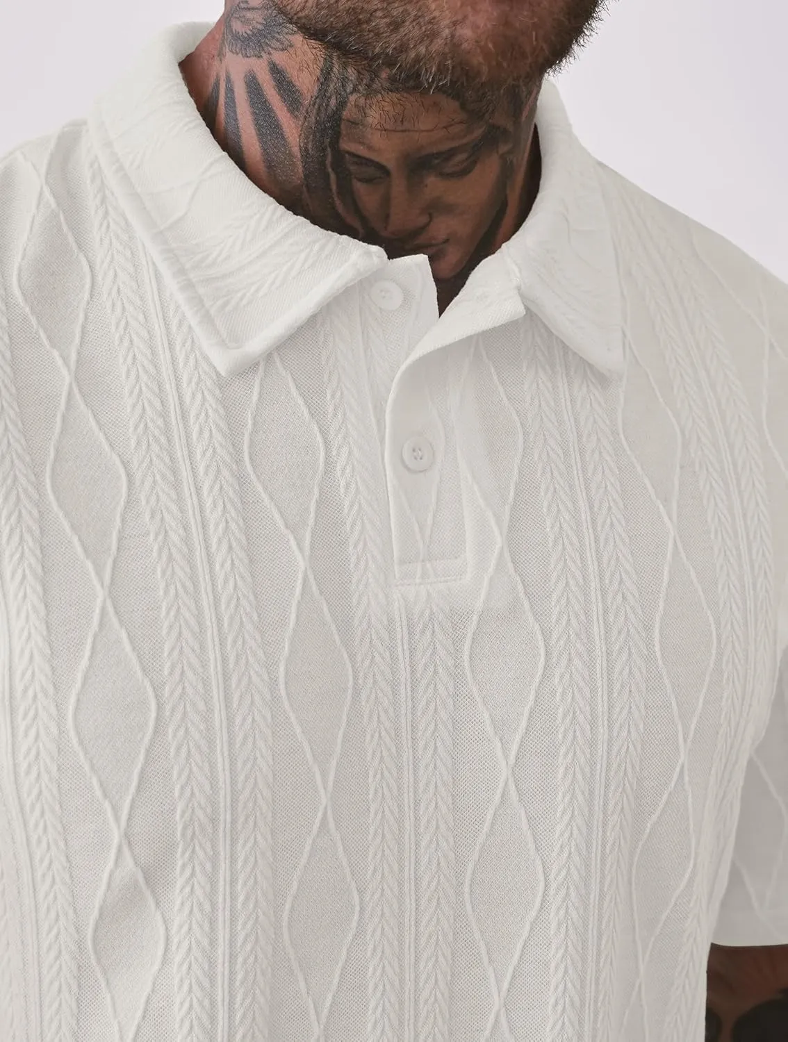 Mens Textured Knit Polo Shirts Loose Fit Stretch Casual Summer Collared Shirt (S-XXL)