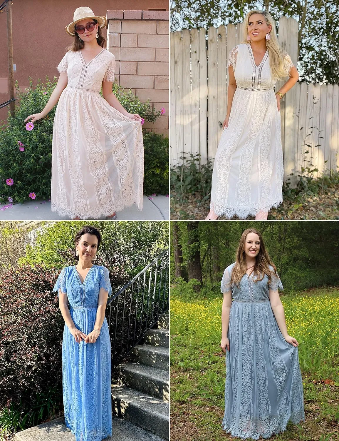 MEROKEETY Women's V Neck Short Sleeve Floral Lace Wedding Dress Bridesmaid Cocktail Party Maxi Dress