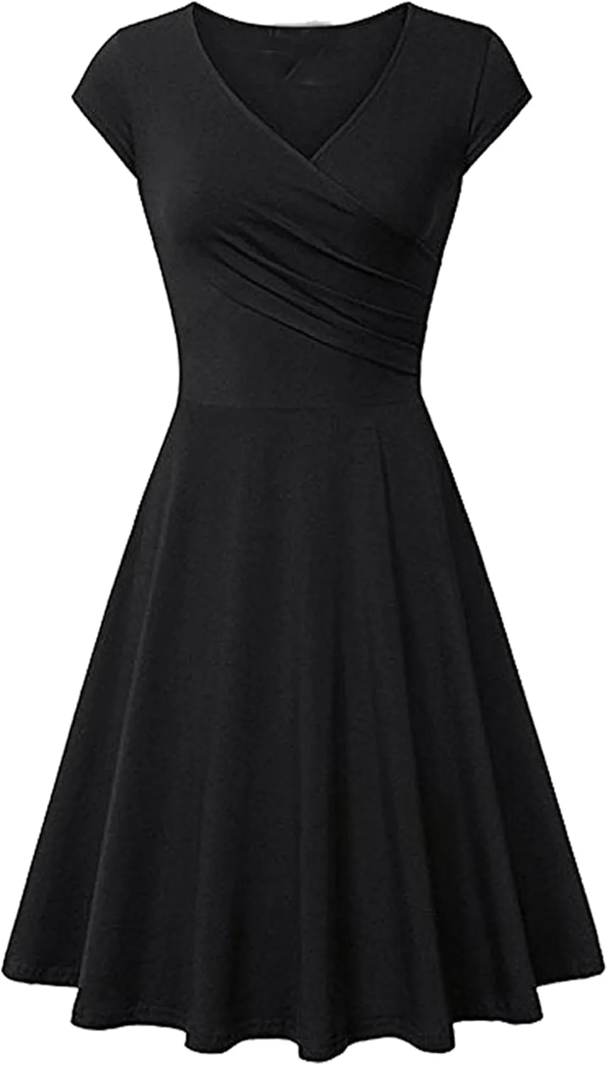OMZIN Women's Elegant V-Neck Dress Short Sleeve Solid Color Runway Evening Dress