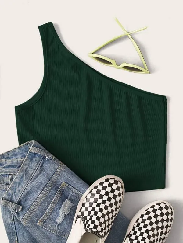 One Shoulder Solid Crop Top