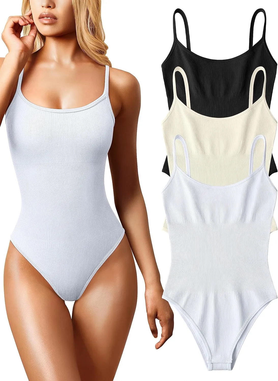 OQQ Women's 3 Piece Bodysuits Sexy Ribbed Sleeveless Adjustable Spaghetti Strips Tops Leotard 2025 Summer