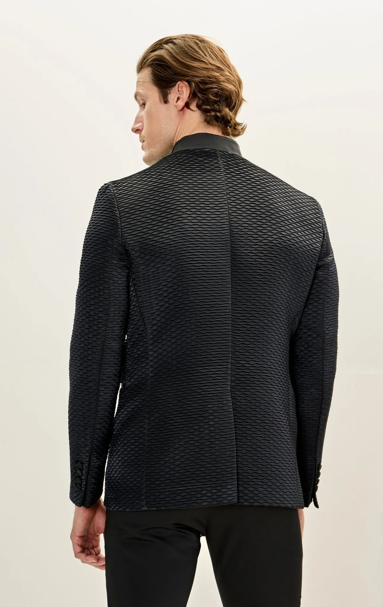 Pleated Satin Mandarin Collar Tuxedo Jacket - Black