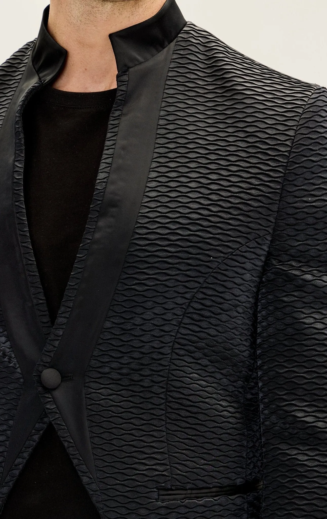 Pleated Satin Mandarin Collar Tuxedo Jacket - Black