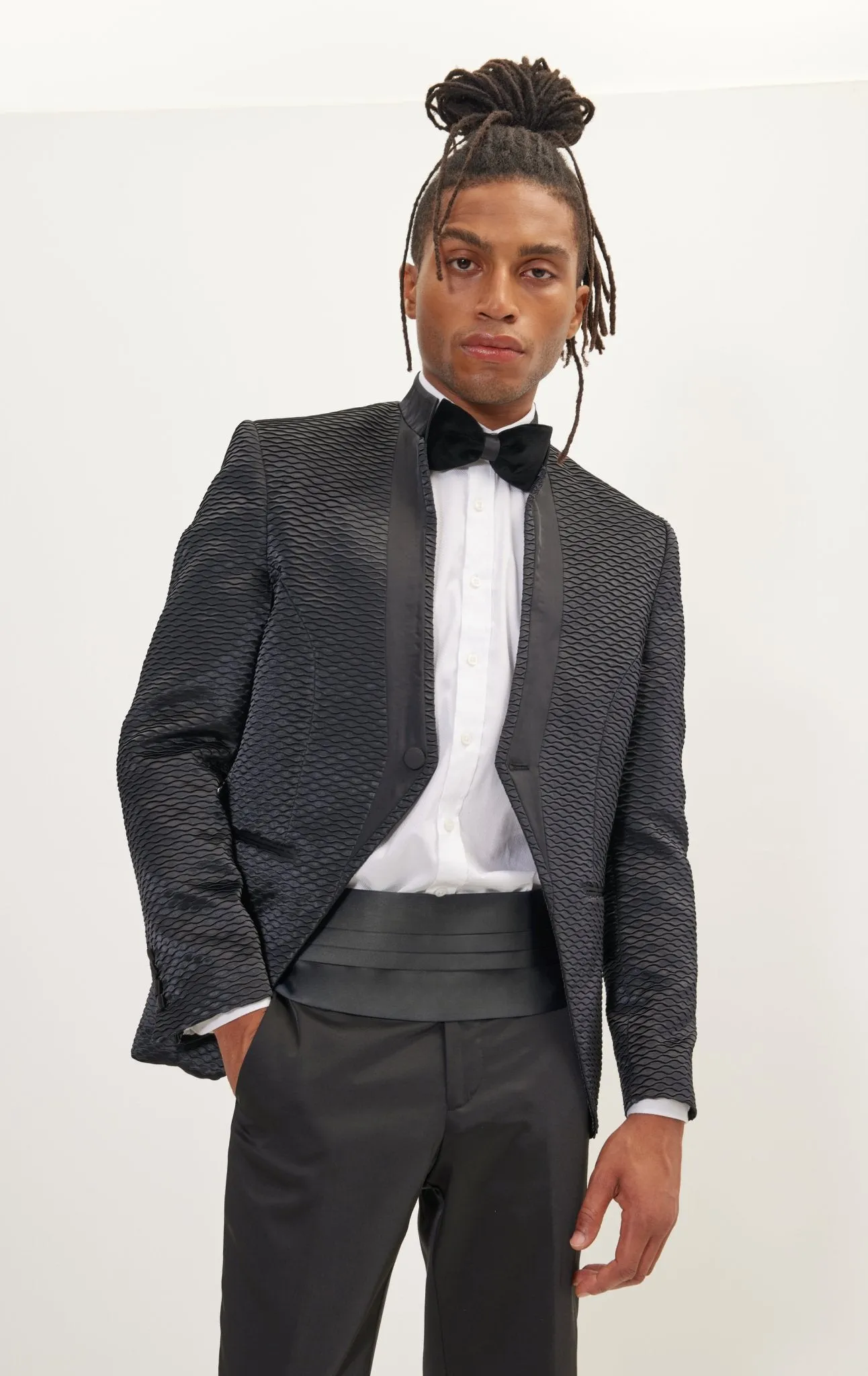Pleated Satin Mandarin Collar Tuxedo Jacket - Black