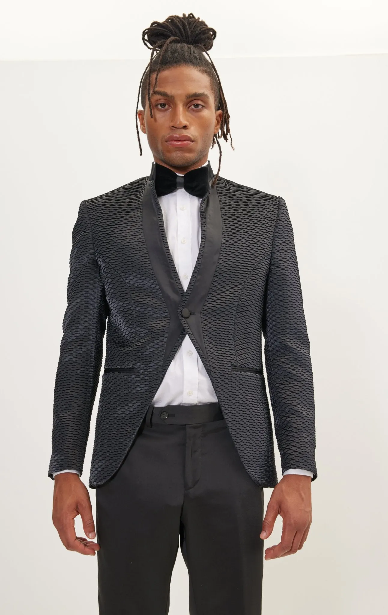 Pleated Satin Mandarin Collar Tuxedo Jacket - Black