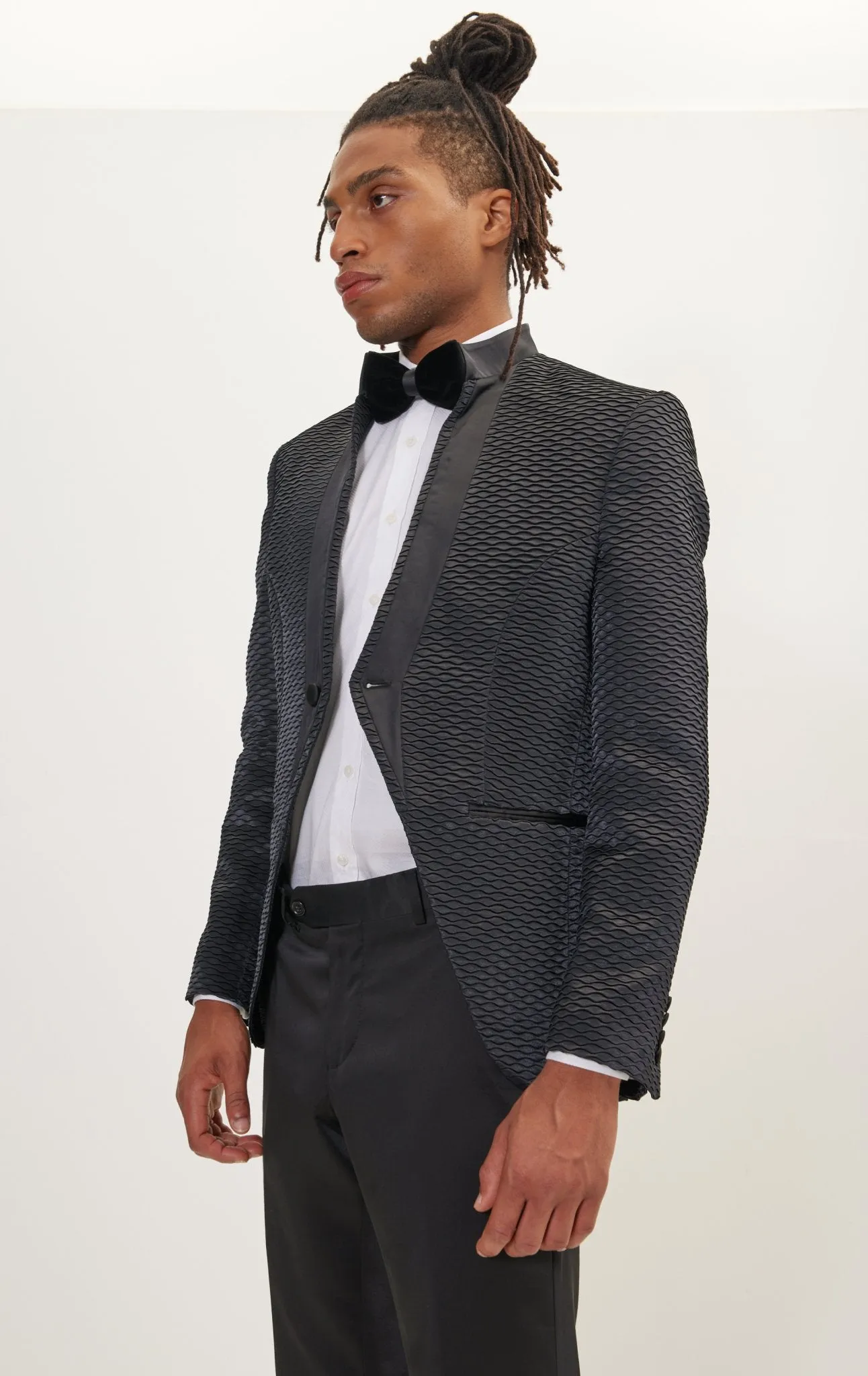Pleated Satin Mandarin Collar Tuxedo Jacket - Black