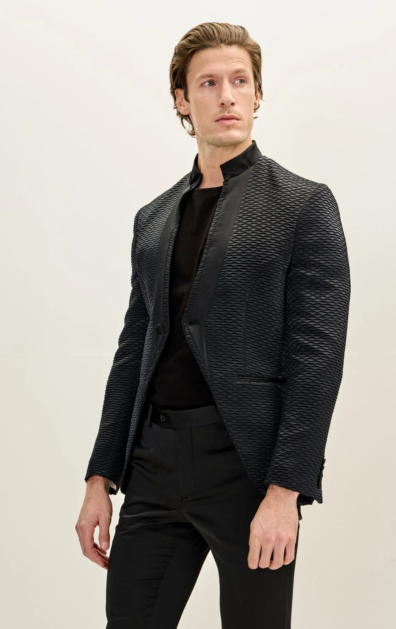 Pleated Satin Mandarin Collar Tuxedo Jacket - Black