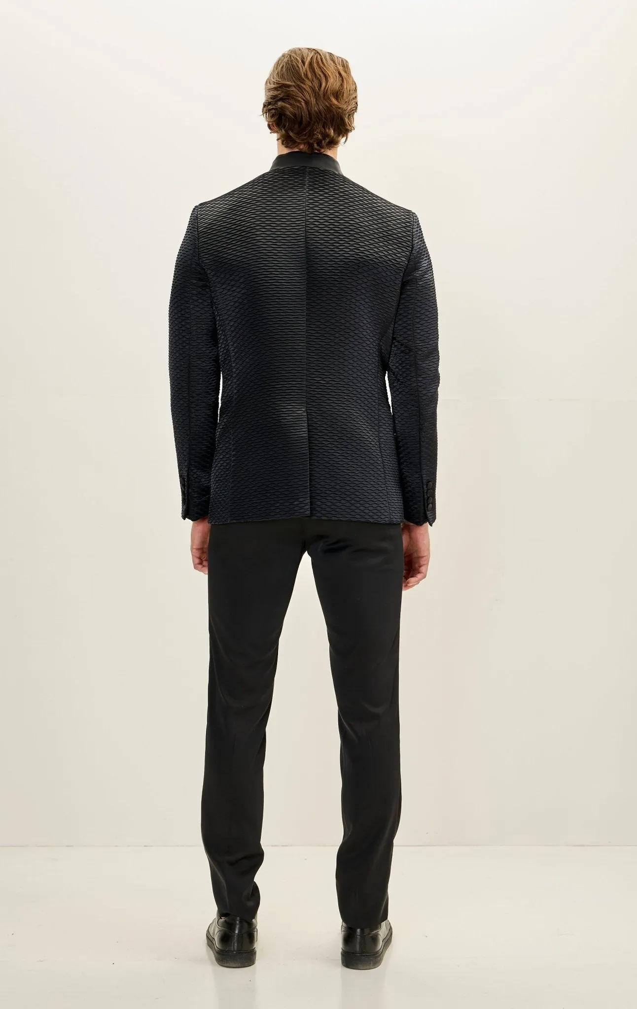 Pleated Satin Mandarin Collar Tuxedo Jacket - Black