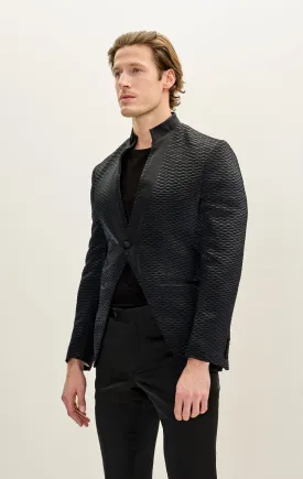 Pleated Satin Mandarin Collar Tuxedo Jacket - Black