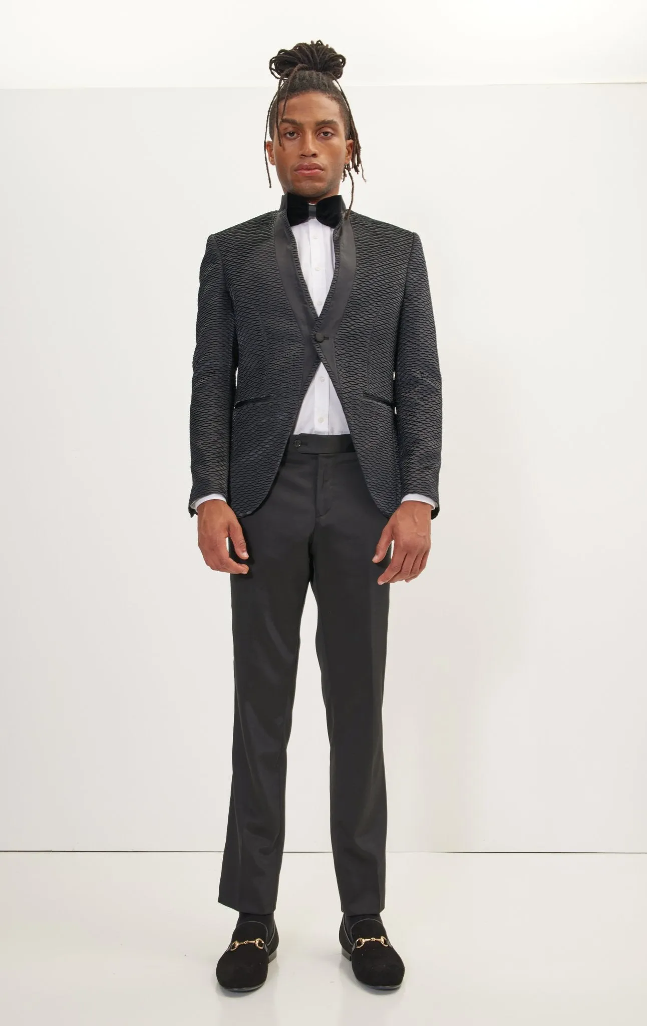 Pleated Satin Mandarin Collar Tuxedo Jacket - Black