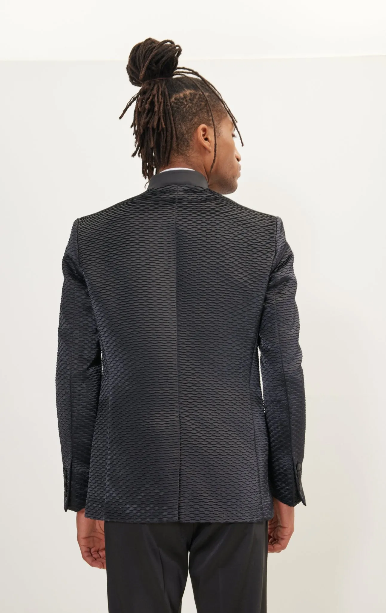 Pleated Satin Mandarin Collar Tuxedo Jacket - Black