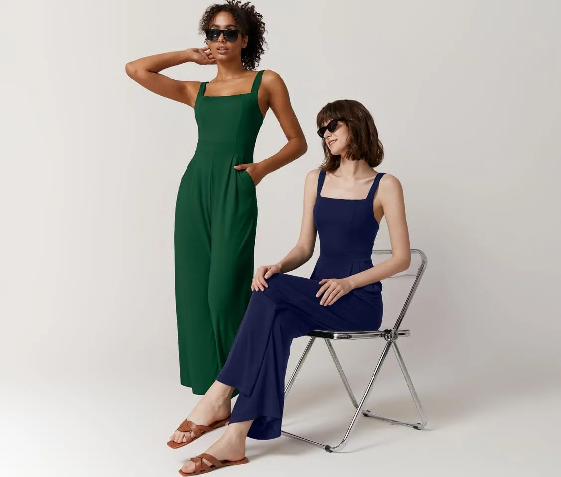 QINSEN Womens Casual Loose Overalls Jumpsuit Square Neck One Piece Sleeveless Wide Leg Rompers Outfits