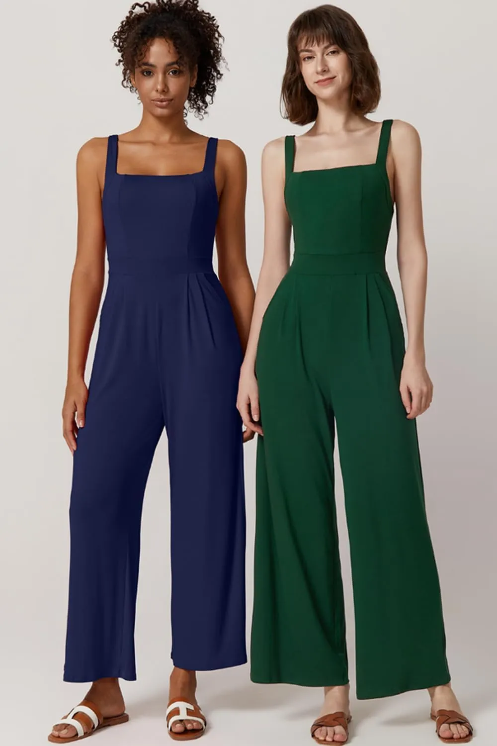 QINSEN Womens Casual Loose Overalls Jumpsuit Square Neck One Piece Sleeveless Wide Leg Rompers Outfits