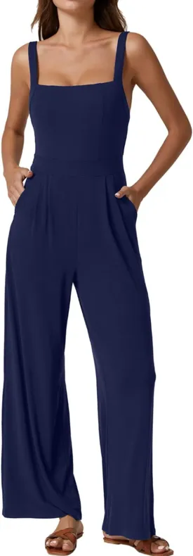 QINSEN Womens Casual Loose Overalls Jumpsuit Square Neck One Piece Sleeveless Wide Leg Rompers Outfits
