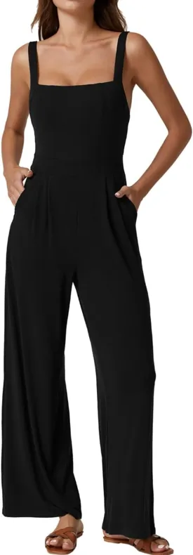 QINSEN Womens Casual Loose Overalls Jumpsuit Square Neck One Piece Sleeveless Wide Leg Rompers Outfits