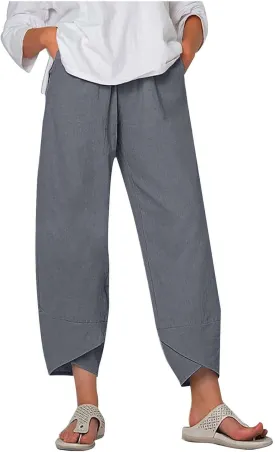 Ruziyoog Cotton Linen Pants for Women 2025 Trendy Lightweight Drawstring High Waist Capri Pant Palazzo Lounge Pants Trousers